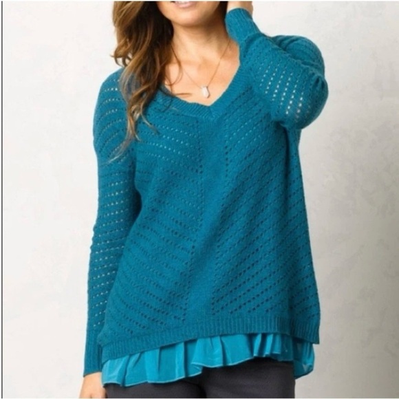 NWT Prana Ellery Blue V Neck Crocheted Long Sleeve Layered Sweater Top Size M - Picture 7 of 8